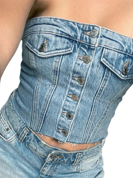 2024 Sexy Tube Sleeveless Buttons Up Bustiers Corsets Denim Off Shoulder Cropped Tank Mini Vest  Crop Tops