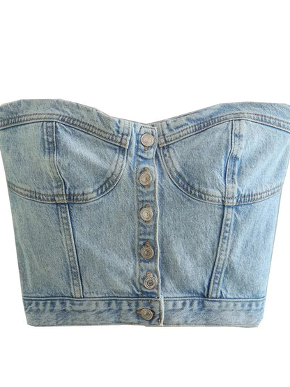 2024 Sexy Tube Sleeveless Buttons Up Bustiers Corsets Denim Off Shoulder Cropped Tank Mini Vest  Crop Tops