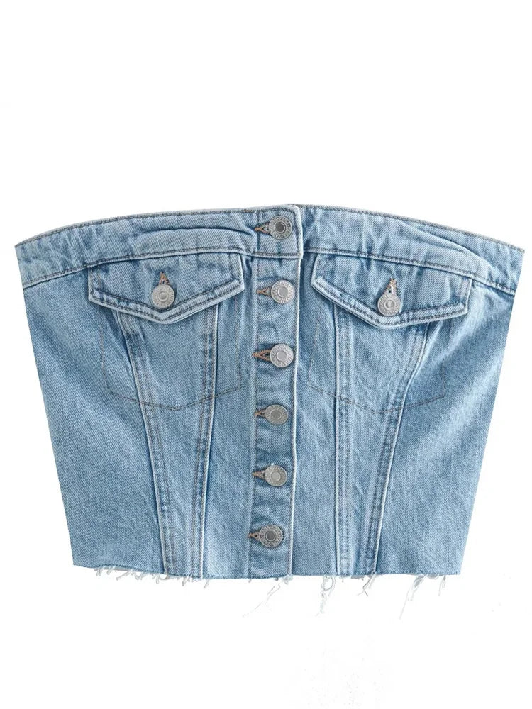 2024 Sexy Tube Sleeveless Buttons Up Bustiers Corsets Denim Off Shoulder Cropped Tank Mini Vest  Crop Tops