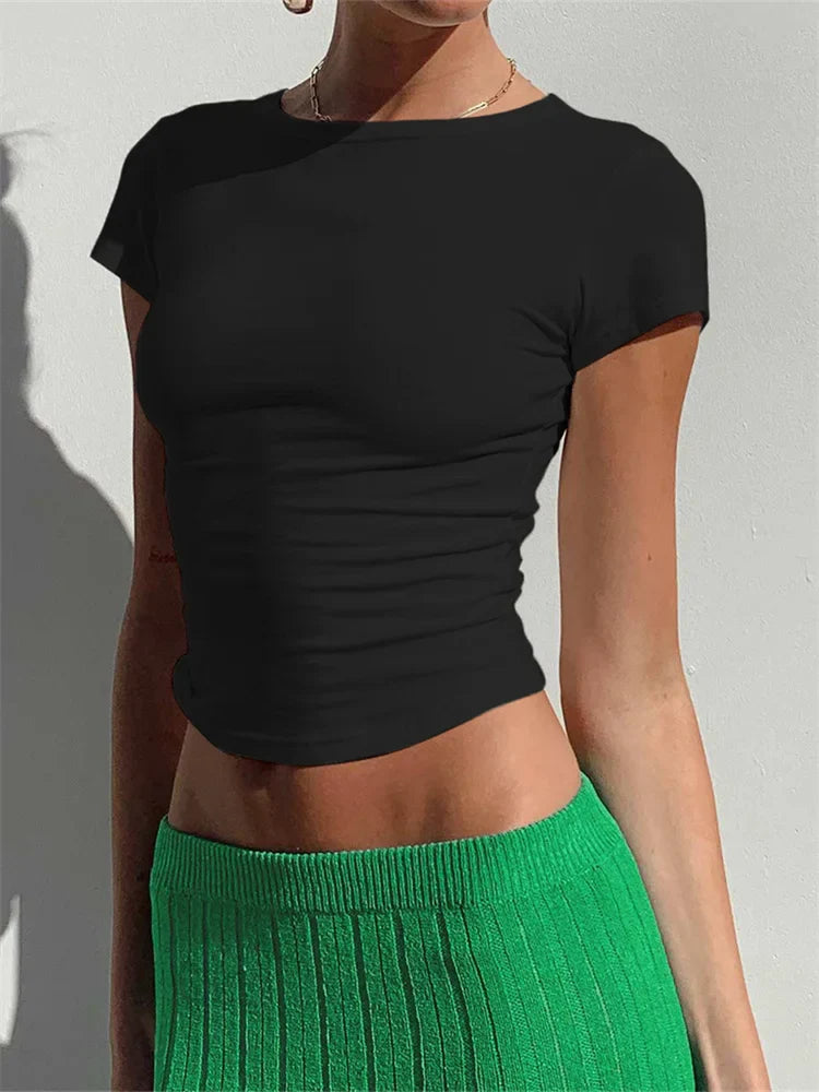 Short Sleeve Exposed Navel Top Summer Solid Slim Fit Pullovers Female Streetwear Basic Tee