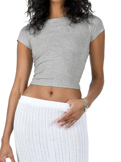 Short Sleeve Exposed Navel Top Summer Solid Slim Fit Pullovers Female Streetwear Basic Tee