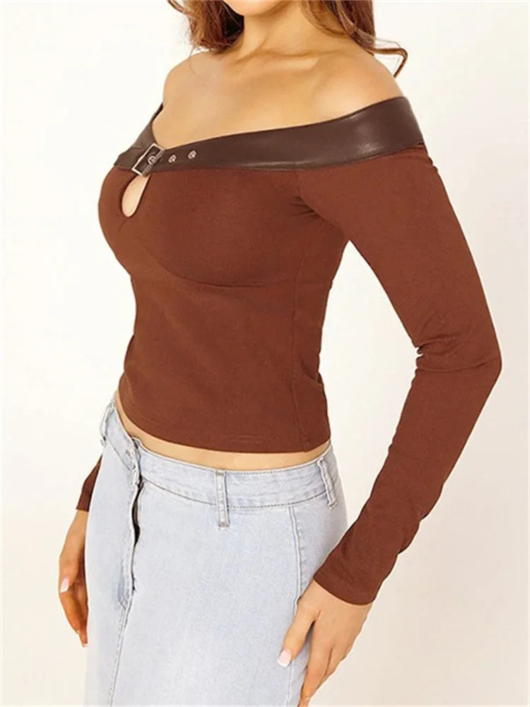 2024 Slash Neck Off Shoulder Top Slim Fit Long Sleeve Patchwork Front Hollow Out with Buckle Tee