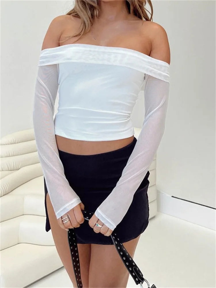 2024 Slim Cropped Solid Mesh See Through Long Sleeve Slash Neck Off Shoulder Clubwear Spring Fall Tee