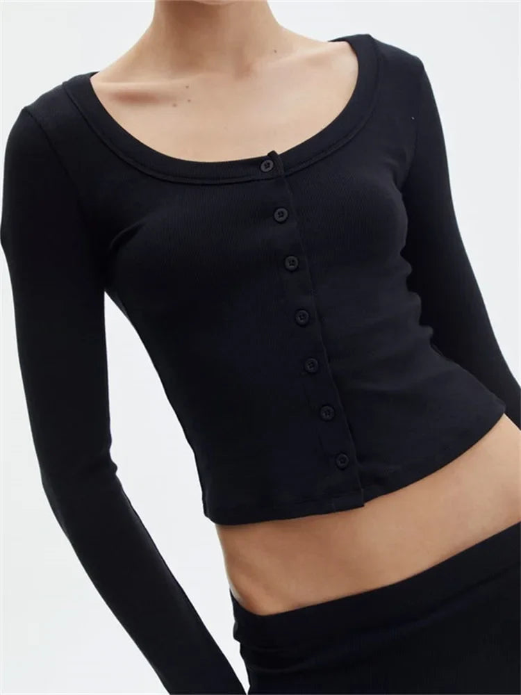 2024 Spring Autumn Casual Cropped Solid Color Front Buttons Up Long Sleeve O-Neck Slim Fit Basic Tops Tee