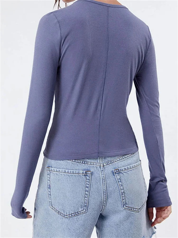 2024 Spring Fall Long Sleeve Casual Solid Slim Fit Pullovers Female Streetwear Basic Tees Tee