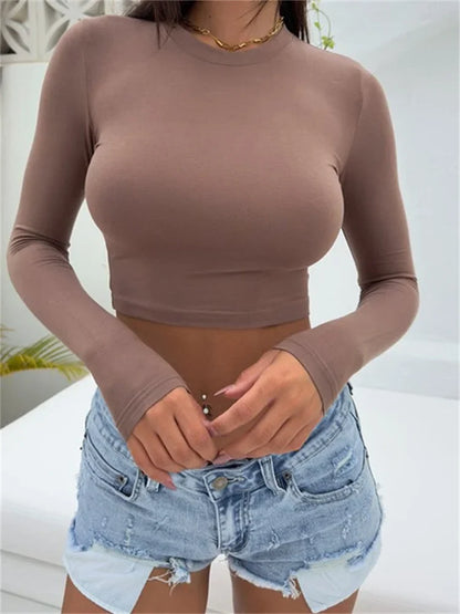 2024 Spring Fall Long Sleeve Solid Slim Pullovers Casual Streetwear Female Base Tee