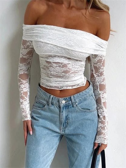 2024 Spring Summer Lace Floral Cropped Sexy Long Sleeve Slash Neck Off Shoulder Slim Fit Clubwear Tee