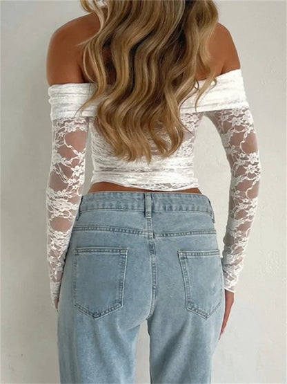 2024 Spring Summer Lace Floral Cropped Sexy Long Sleeve Slash Neck Off Shoulder Slim Fit Clubwear Tee