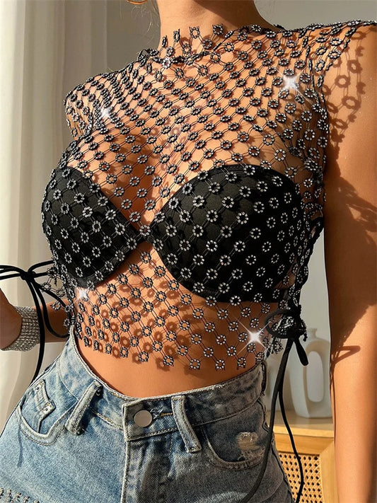 2024 Fishnet Hollow Out Rhinestones Sleeveless Mini Beach Cover Ups Crop Tops