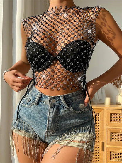 2024 Fishnet Hollow Out Rhinestones Sleeveless Mini Beach Cover Ups Crop Tops