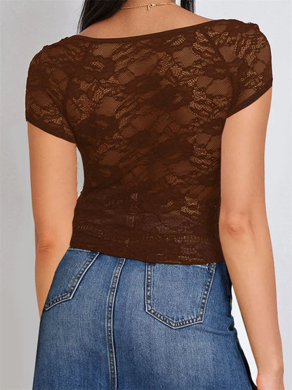 2024 Summer Slim Fit See Through Short Sleeve Low Cut Sheer Lace Floral Club Streetwear Tee