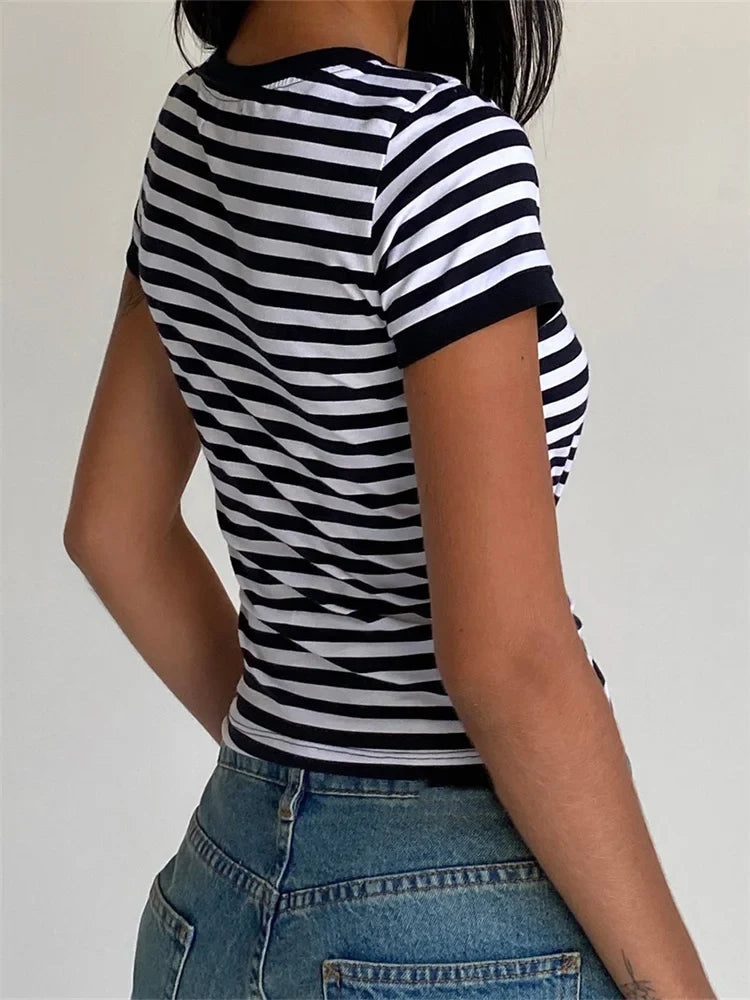 2024 Striped Print Bow Embroidered Short Sleeve Casual Pullovers Clubwear Aesthetic Grunge Tee