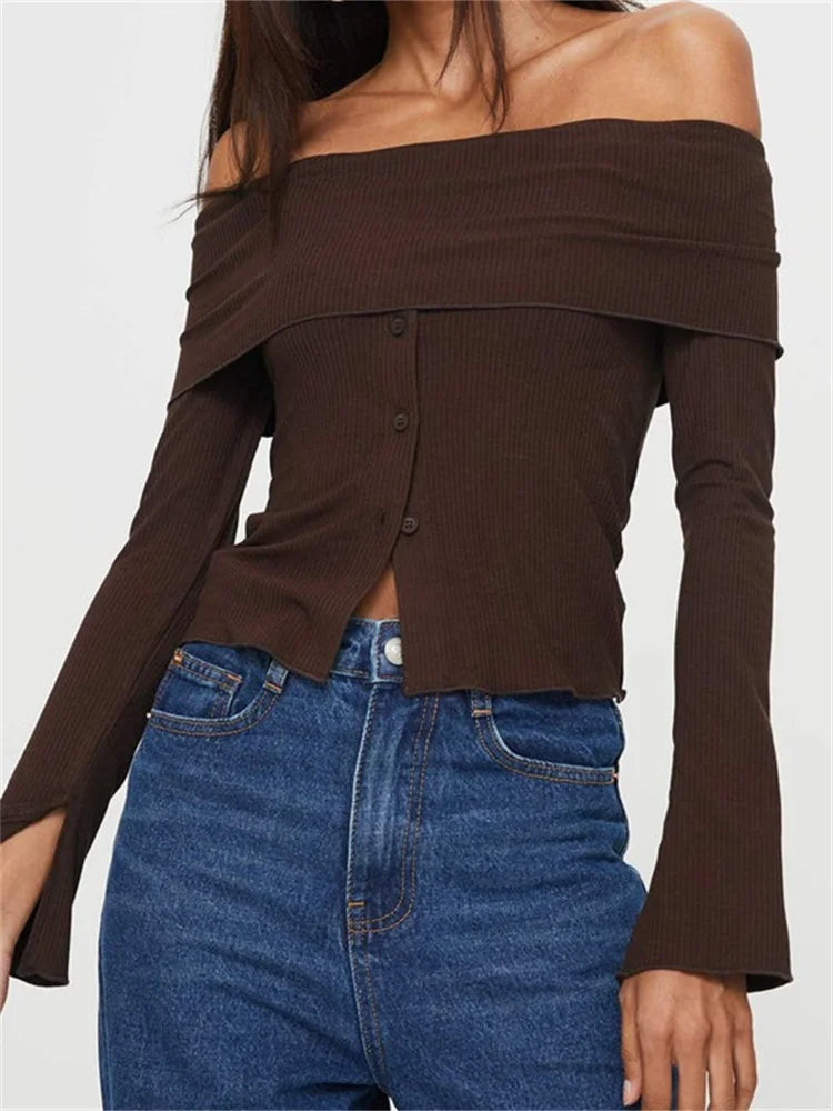 Long Sleeve Off-shoulder Backless Button Up Slim Fit Ribbed Solid Color Clubwear Tee