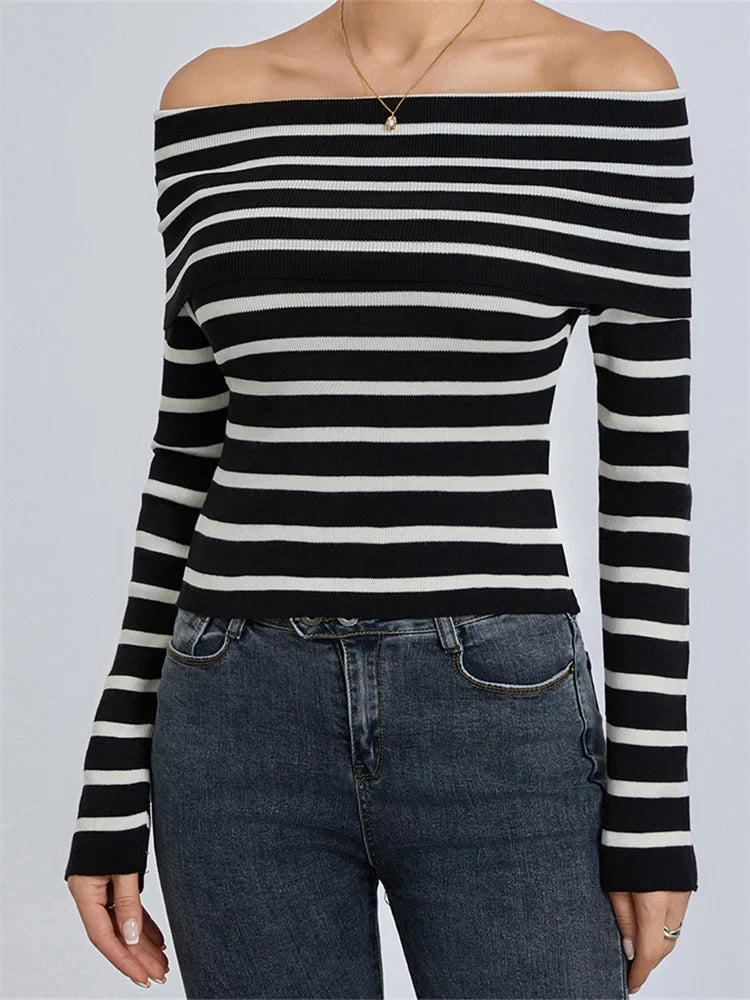 Long Sleeve Slash Neck Off-shoulder Slim Fit Striped Print Lady Fall Streetwear Tee