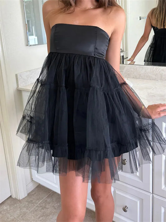 2024 Tulle Tutu Tube Solid Color Strapless Off Shoulder Mini Dress