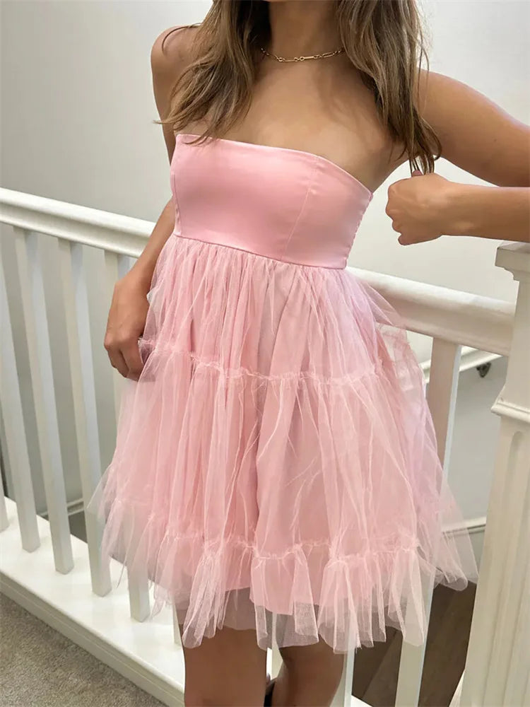 2024 Tulle Tutu Tube Solid Color Strapless Off Shoulder Mini Dress