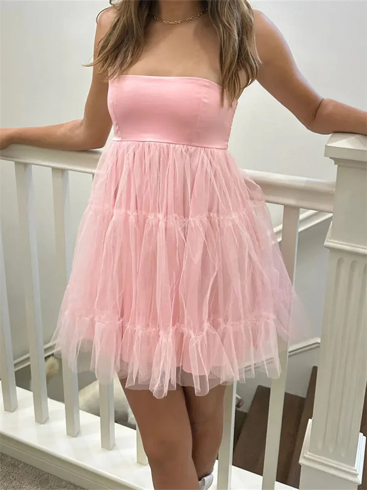 2024 Tulle Tutu Tube Solid Color Strapless Off Shoulder Mini Dress