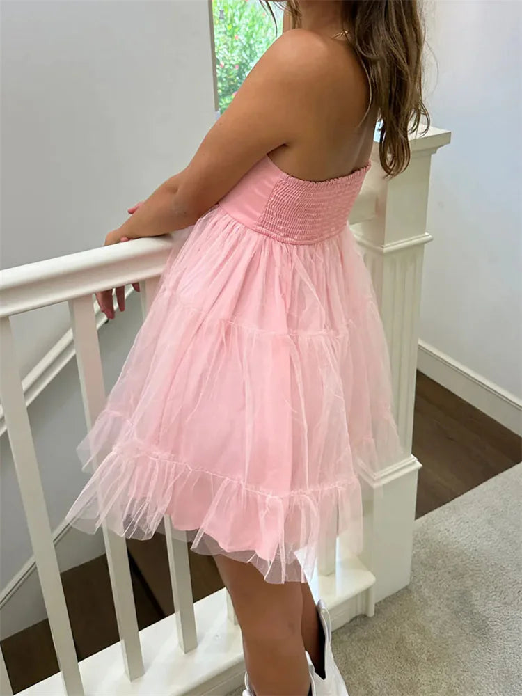 2024 Tulle Tutu Tube Solid Color Strapless Off Shoulder Mini Dress