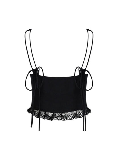 2024 Lace Front Tie-up Fairy Grunge Spaghetti Strap Camisole Cute Mini Vest Streetwear Crop Tops