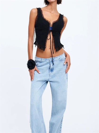 2024 Lace Front Tie-up Fairy Grunge Spaghetti Strap Camisole Cute Mini Vest Streetwear Crop Tops