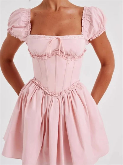 High Waist Pleated Back Tie-up Ruffles Mini Dress