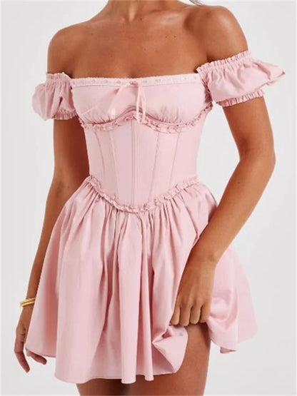 High Waist Pleated Back Tie-up Ruffles Mini Dress