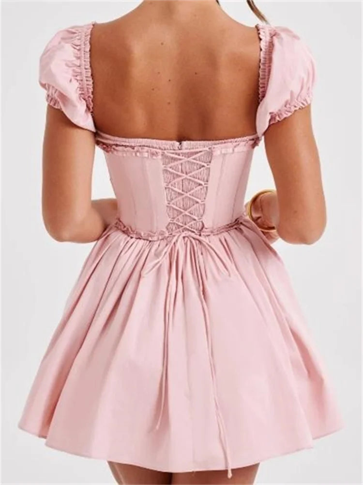 High Waist Pleated Back Tie-up Ruffles Mini Dress