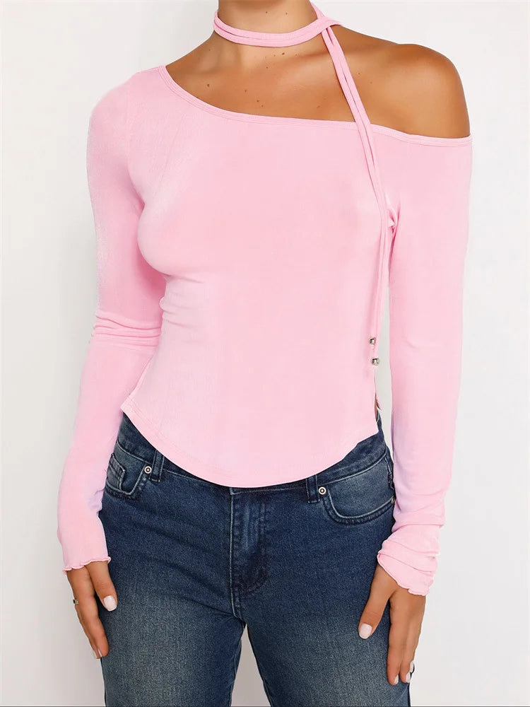 2024 Y2K Off Shoulder Long Sleeve Slim Fit Solid Color Backless Fashion Outfits Streetwear Tee