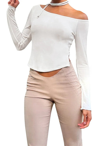 2024 Y2K Off Shoulder Long Sleeve Slim Fit Solid Color Backless Fashion Outfits Streetwear Tee