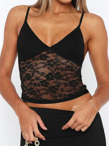 2024 Sleeveless Strap Camis V Neck Summer Lace Mesh See Through Tank Slim Fit Mini Vest Streetwear  New Crop Tops