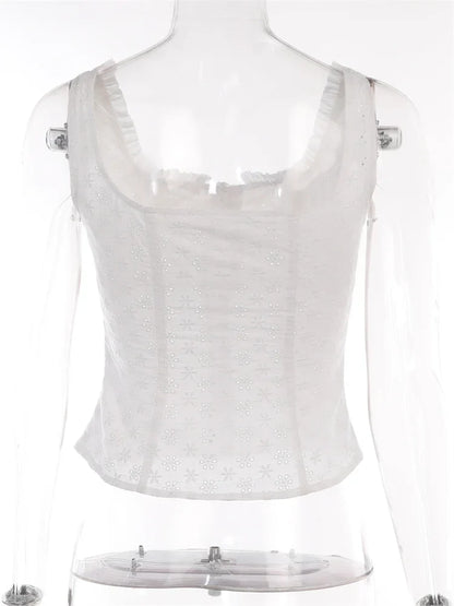 2024 Y2K Square Neck Bustiers Lace Patchwork Low Cut Front Buttons Up Fairycore Tank Crop Tops