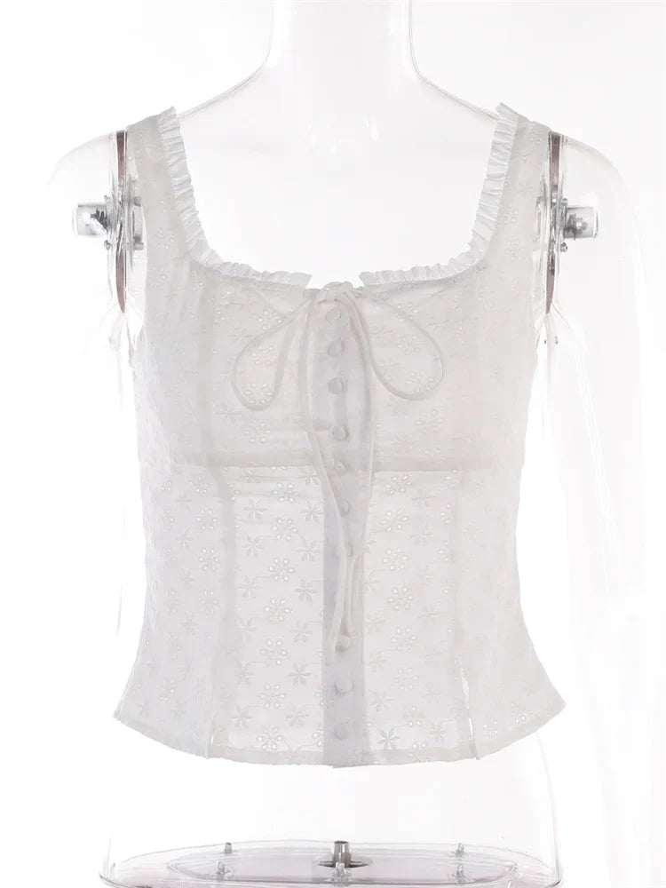 2024 Y2K Square Neck Bustiers Lace Patchwork Low Cut Front Buttons Up Fairycore Tank Crop Tops