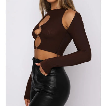 2024 Y2K Sexy Cutout Women Solid Long Sleeve Round Neck with Rings Vintage T-shirt Autumn Outwear Tee