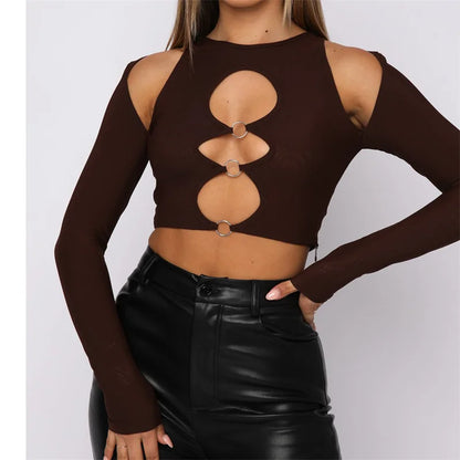 2024 Y2K Sexy Cutout Women Solid Long Sleeve Round Neck with Rings Vintage T-shirt Autumn Outwear Tee