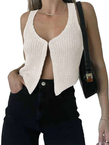 2024 Knitted Sweaters Vest Casual Retro Sleeveless V-Neck Buttons Up Tank Summer Autumn Chic Vest  Club Crop Tops