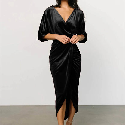 Casual Solid Velvet Pleated Fashion Elegant Irregular Evening Draped Commuter Dress