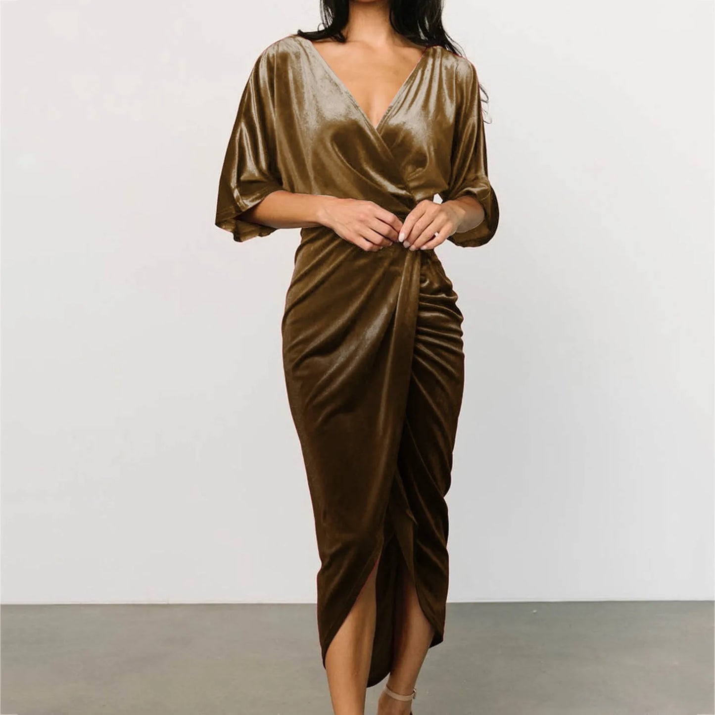 Casual Solid Velvet Pleated Fashion Elegant Irregular Evening Draped Commuter Dress