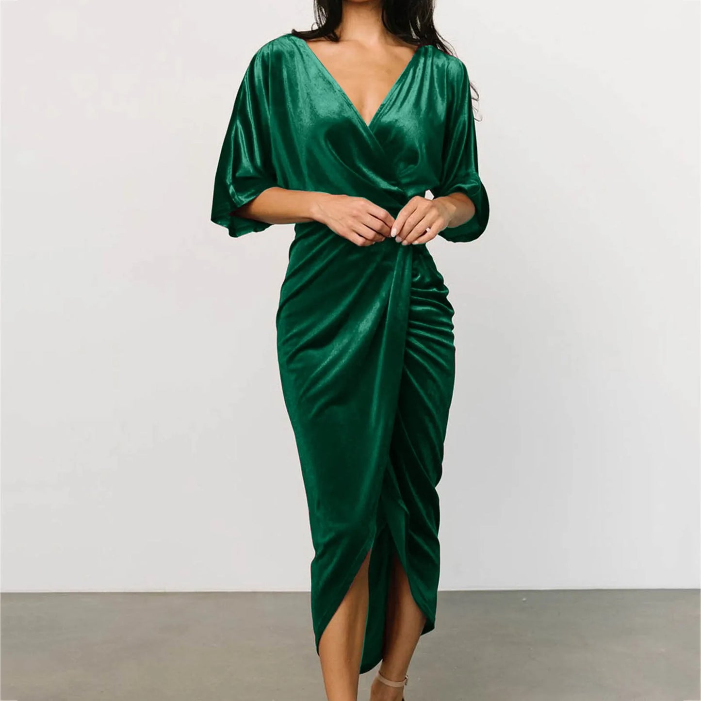 Casual Solid Velvet Pleated Fashion Elegant Irregular Evening Draped Commuter Dress