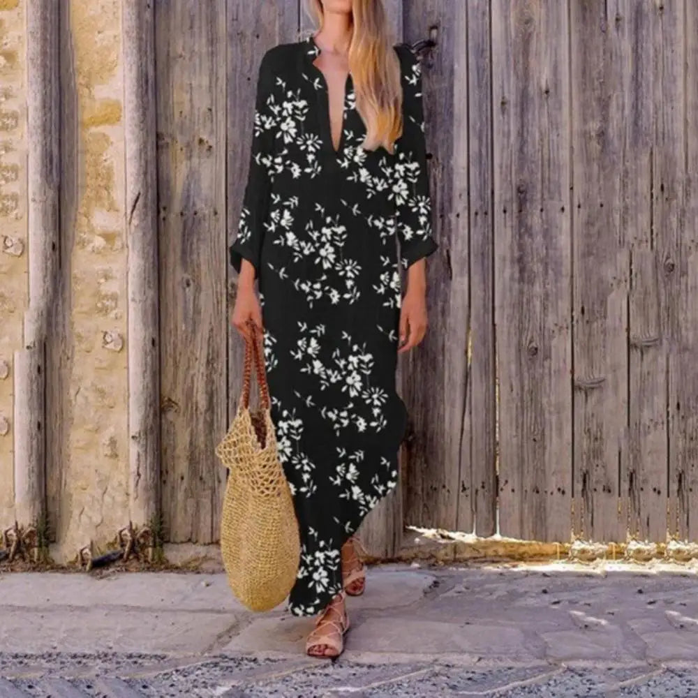 2024 Spring Casual V-Neck Slit Maxi Tunic Boho Dress