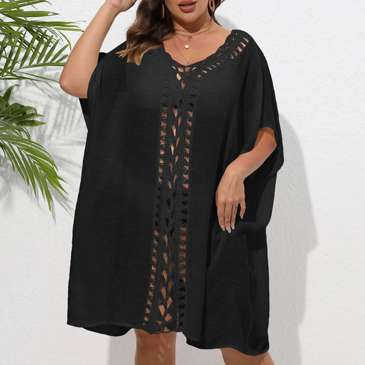 Crochet Beach Cover Up Mid Length Sleeve Pullover Hollow Out Dress Bikini Sets