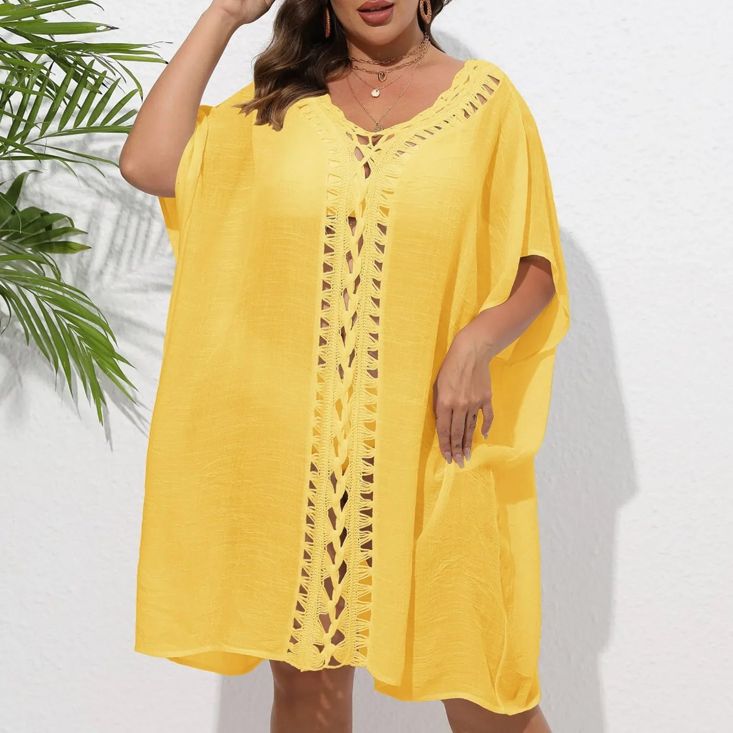 Crochet Beach Cover Up Mid Length Sleeve Pullover Hollow Out Dress Bikini Sets