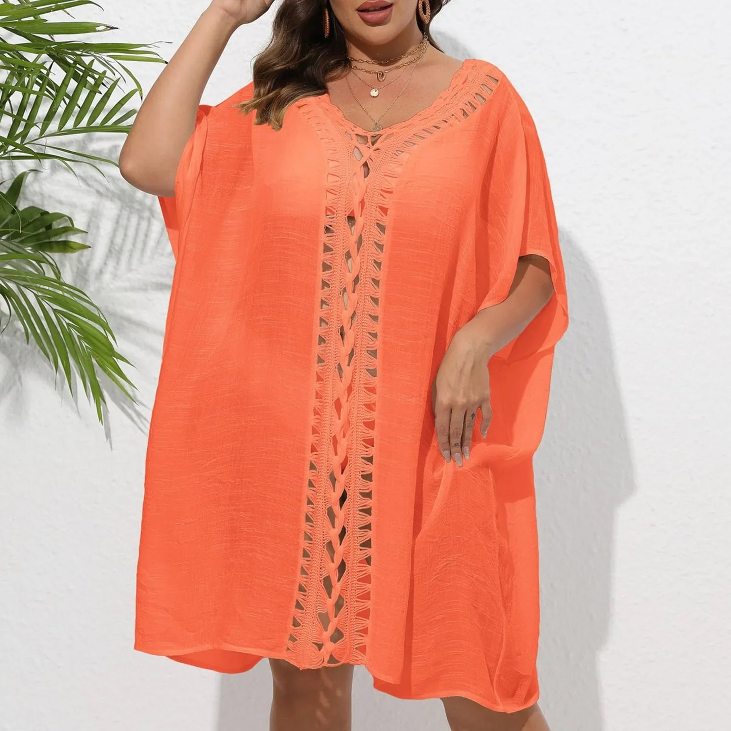 Crochet Beach Cover Up Mid Length Sleeve Pullover Hollow Out Dress Bikini Sets