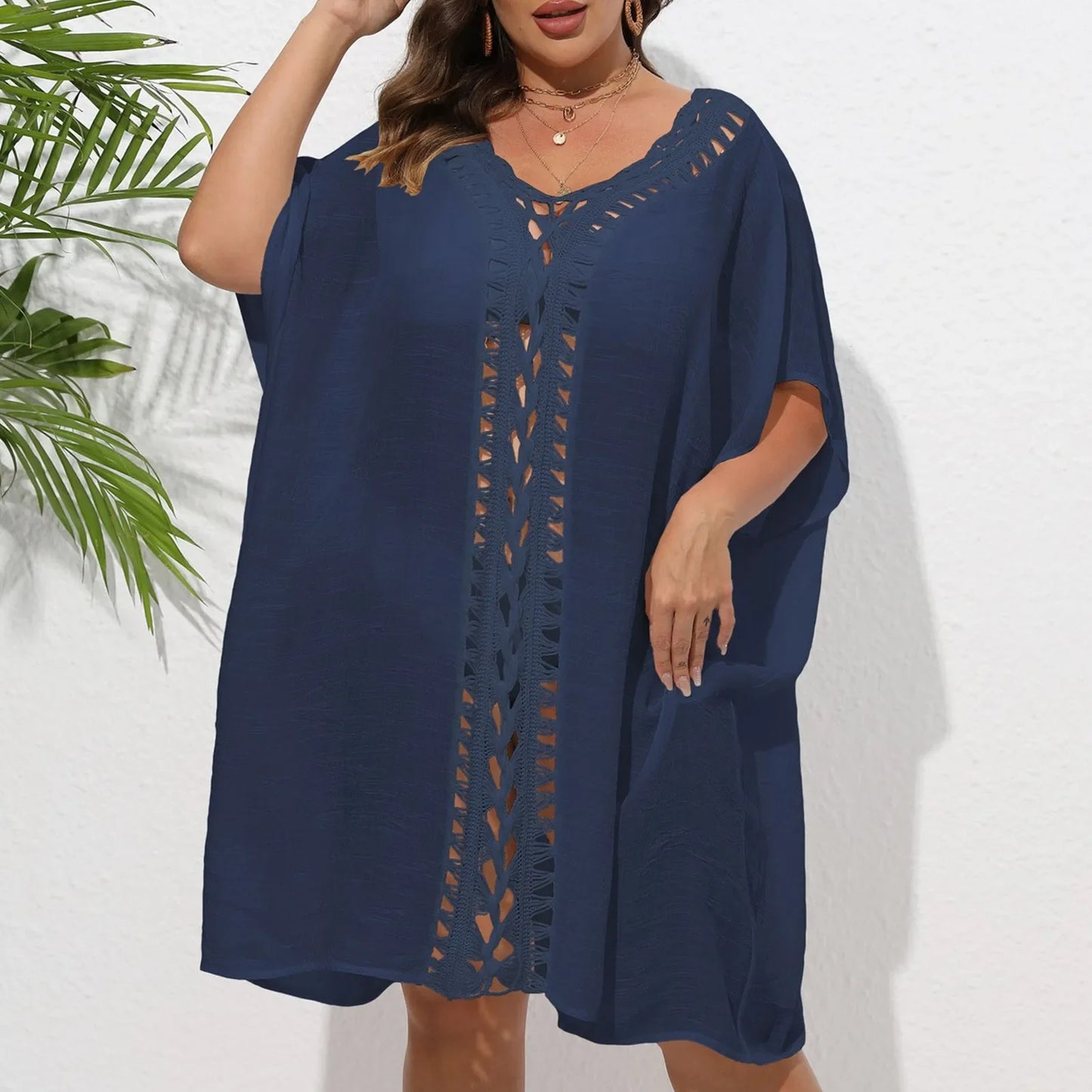 Crochet Beach Cover Up Mid Length Sleeve Pullover Hollow Out Dress Bikini Sets