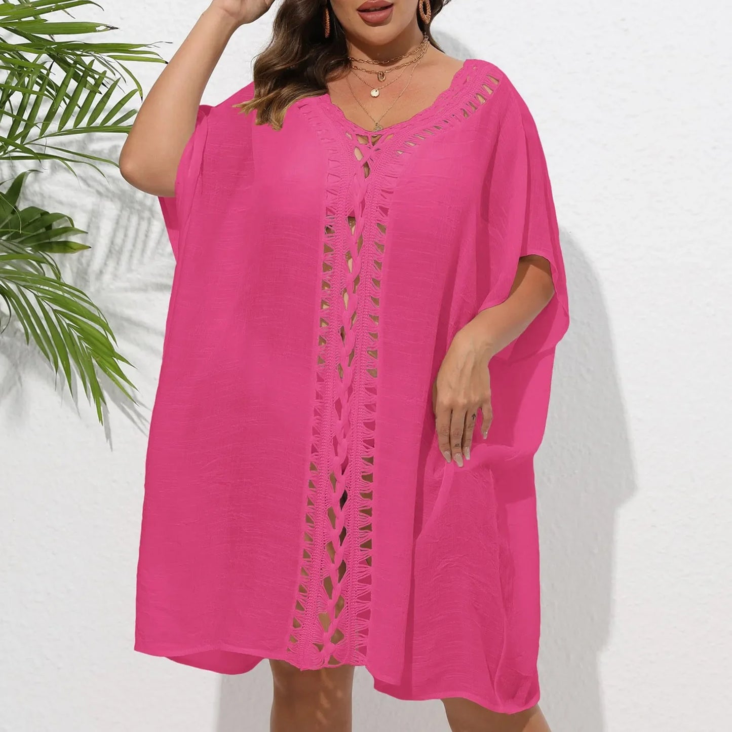 Crochet Beach Cover Up Mid Length Sleeve Pullover Hollow Out Dress Bikini Sets