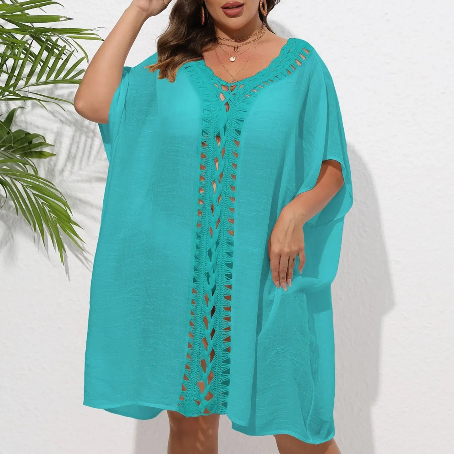 Crochet Beach Cover Up Mid Length Sleeve Pullover Hollow Out Dress Bikini Sets