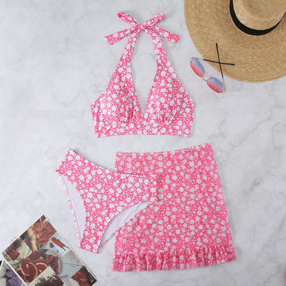 Cut Out Split Halter Neck Push Up Three Piece Bikini Sets