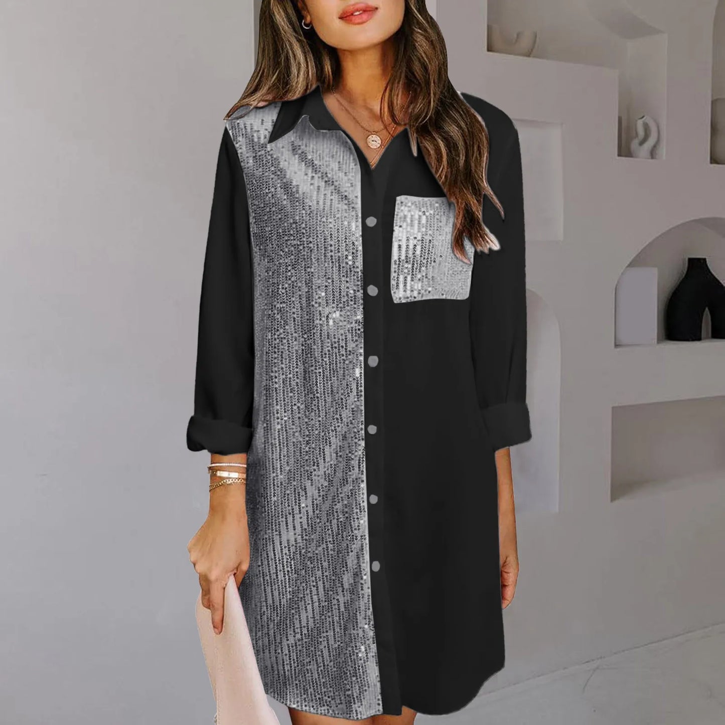 Fashion Satin Sequin Patchwork Button Casual Party Sparkling Dress