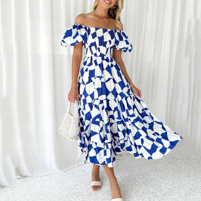 Elegant Floral Printed Dress For Women Off Shoulder Puff Sleeve Midi Summer New Sexy Backless Slash Neck Casual Dress