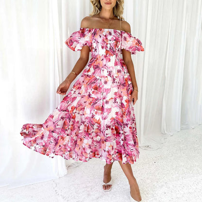 Elegant Floral Printed Dress For Women Off Shoulder Puff Sleeve Midi Summer New Sexy Backless Slash Neck Casual Dress