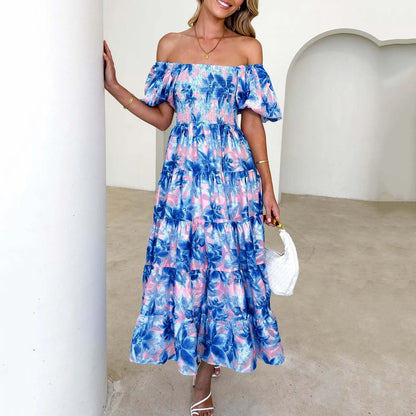 Elegant Floral Printed Dress For Women Off Shoulder Puff Sleeve Midi Summer New Sexy Backless Slash Neck Casual Dress